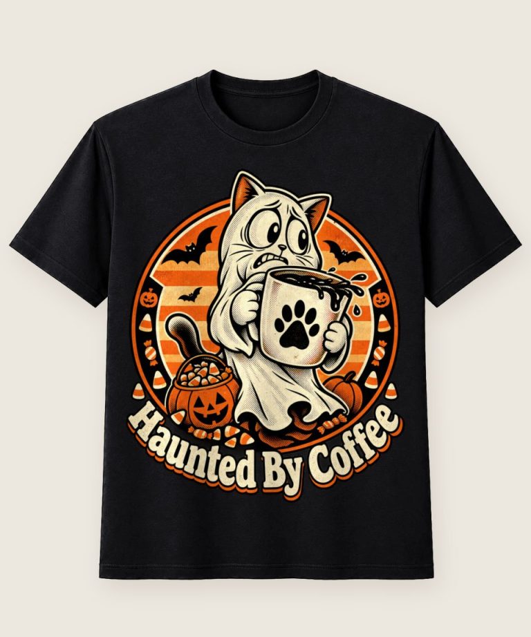 T-Shirt mit Motiv „Halloween Gespenster-Kater Haunted By Coffee“ – Halloween T-Shirts