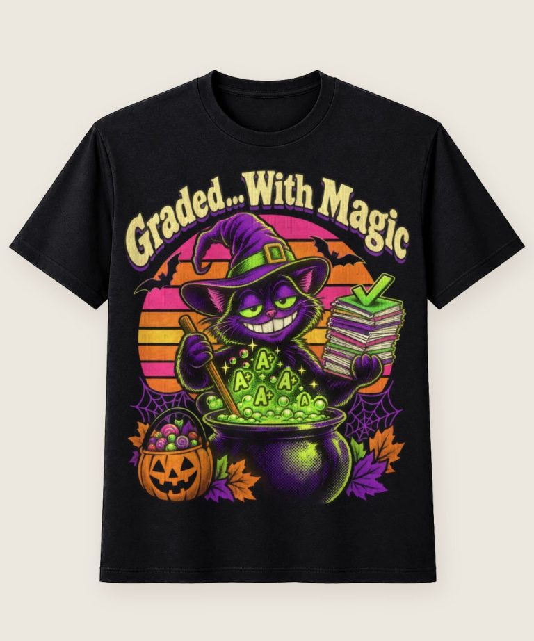 T-Shirt mit Motiv „Halloween Hexenkater Graded With Magic“ – Halloween T-Shirts