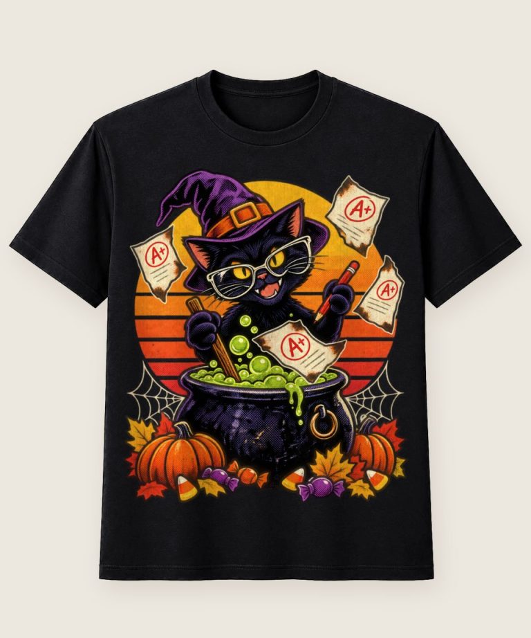 T-Shirt mit Motiv „Halloween Hexenkater Lehrer Kessel Retro“ – Halloween T-Shirts
