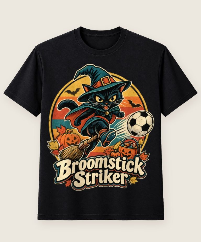 T-Shirt mit Motiv „Halloween-Hexenkatze als Fußball-Stürmerin“ – Halloween T-Shirts