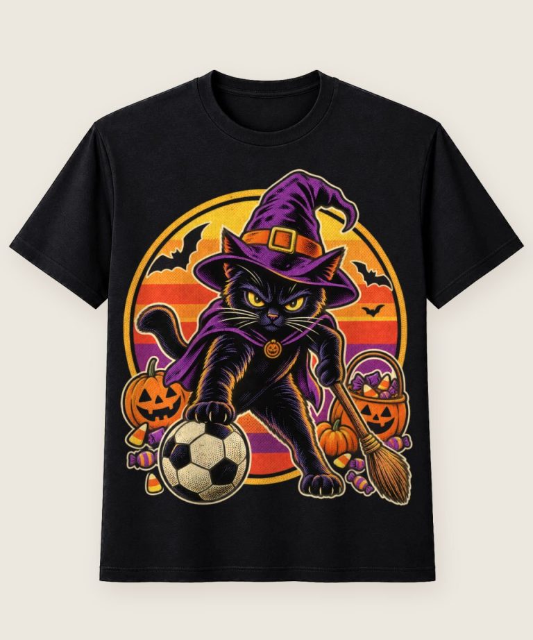 T-Shirt mit Motiv „Halloween Hexenkatze als Stürmerin“ – Halloween T-Shirts