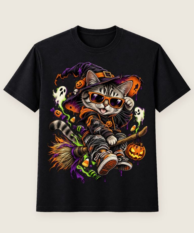 T-Shirt mit Motiv „Halloween Hexenkatze auf Besen“ – Halloween T-Shirts