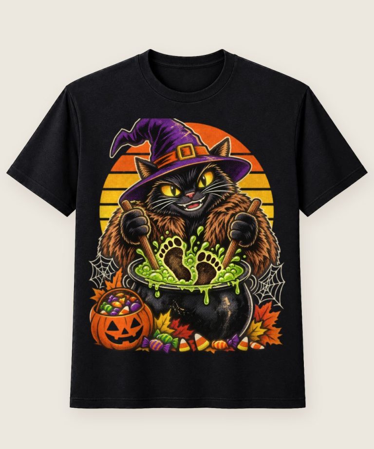 T-Shirt mit Motiv „Halloween Hexenkatze Bigfoot Kessel Retro Sonnenuntergang“ – Halloween T-Shirts