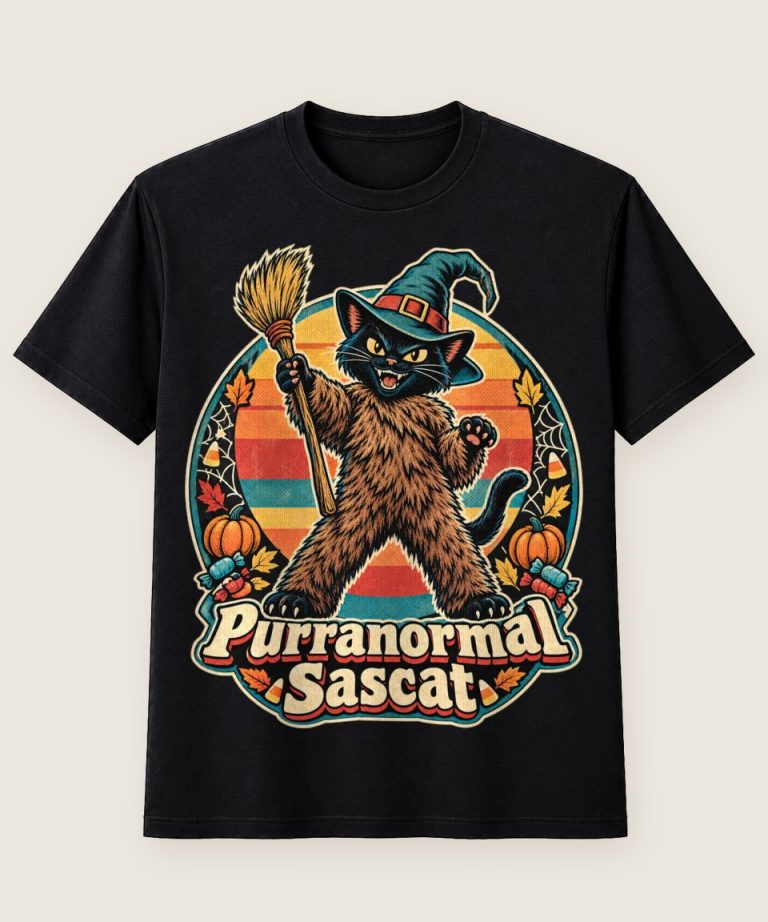 T-Shirt mit Motiv „Halloween Hexenkatze Bigfoot Purranormal Sascat“ – Halloween T-Shirts