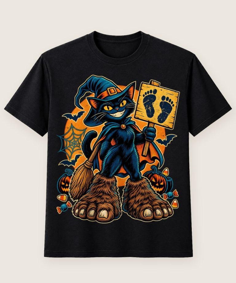 T-Shirt mit Motiv „Halloween Hexenkatze Bigfoot Spurensucher“ – Halloween T-Shirts