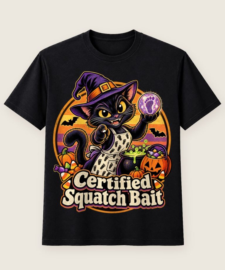 T-Shirt mit Motiv „Halloween-Hexenkatze Certified Squatch Bait Bigfoot Retro“ – Halloween T-Shirts