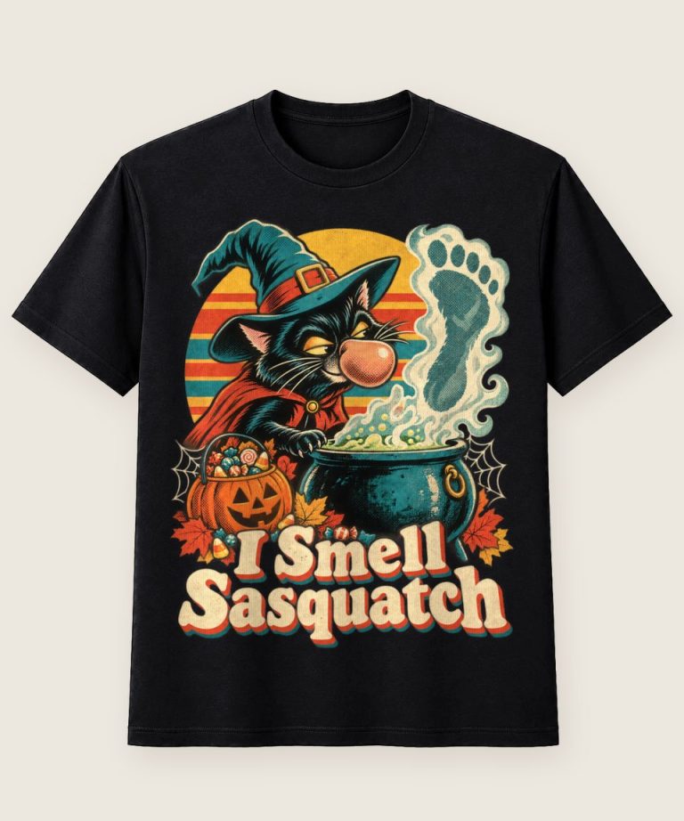 T-Shirt mit Motiv „Halloween Hexenkatze I Smell Sasquatch Retro Bigfoot Nase“ – Halloween T-Shirts