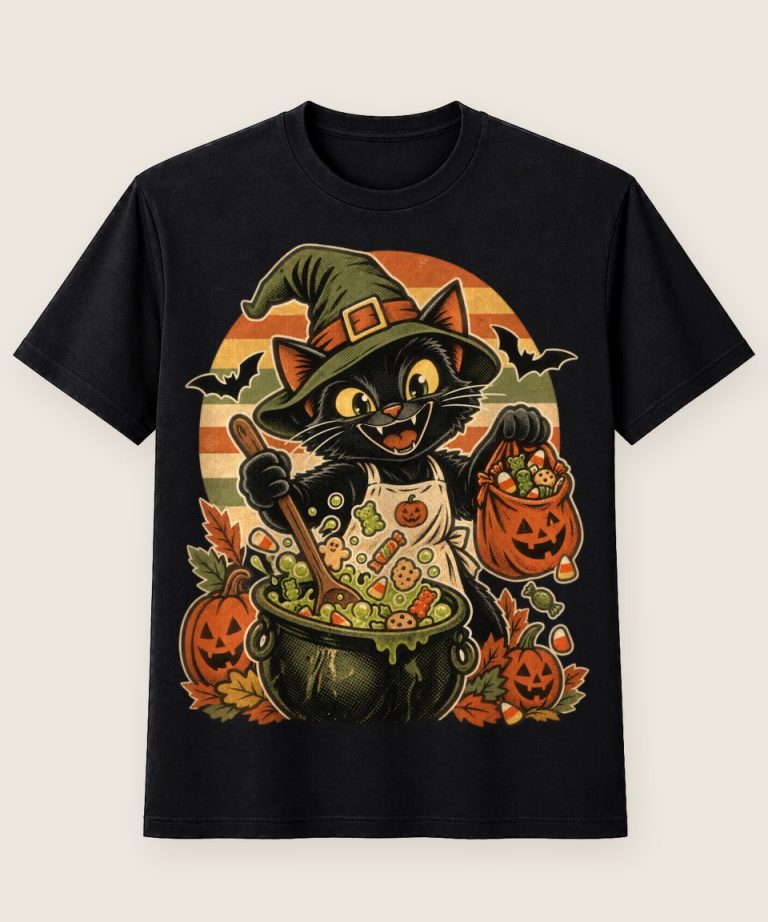 T-Shirt mit Motiv „Halloween Hexenkatze Mama mit Süßigkeiten“ – Halloween T-Shirts