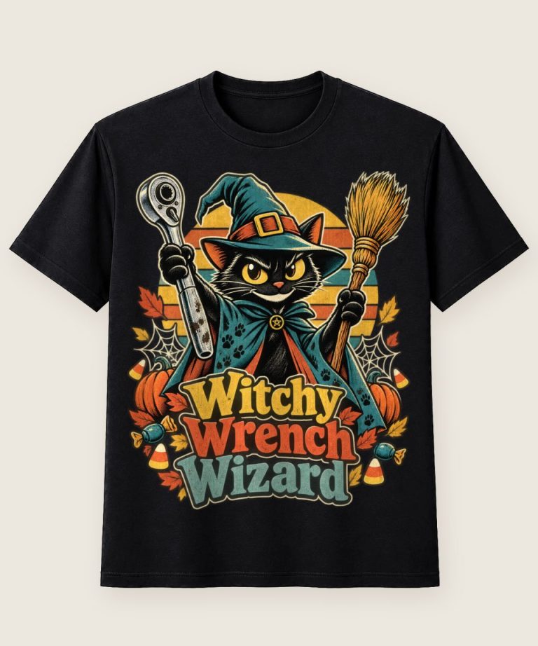 T-Shirt mit Motiv „Halloween Hexenkatze Mechaniker Wizard“ – Halloween T-Shirts