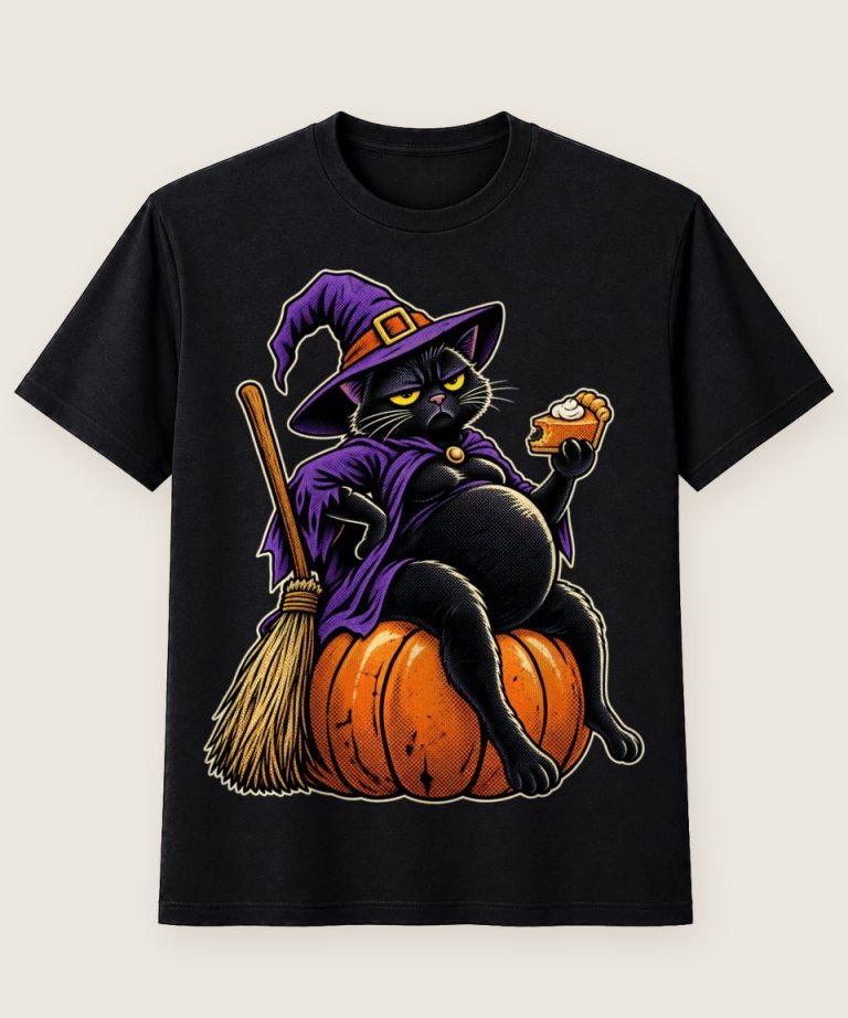 T-Shirt mit Motiv „Halloween Hexenkatze mit Babybauch auf Kürbis“ – Halloween T-Shirts