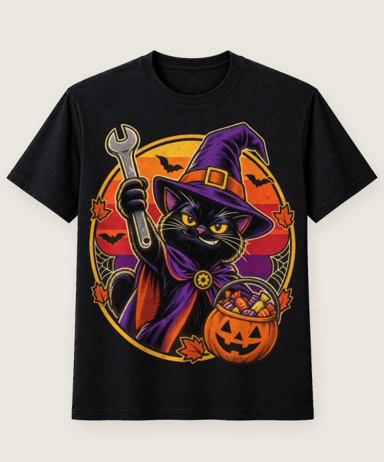 T-Shirt mit Motiv „Halloween Hexenkatze mit Schraubenschlüssel“ – Halloween T-Shirts