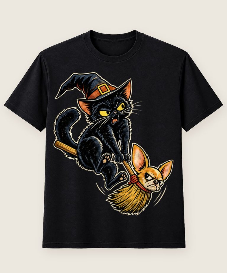 T-Shirt mit Motiv „Halloween Hexenkatze mit störrischem Chihuahua-Besen“ – Halloween T-Shirts