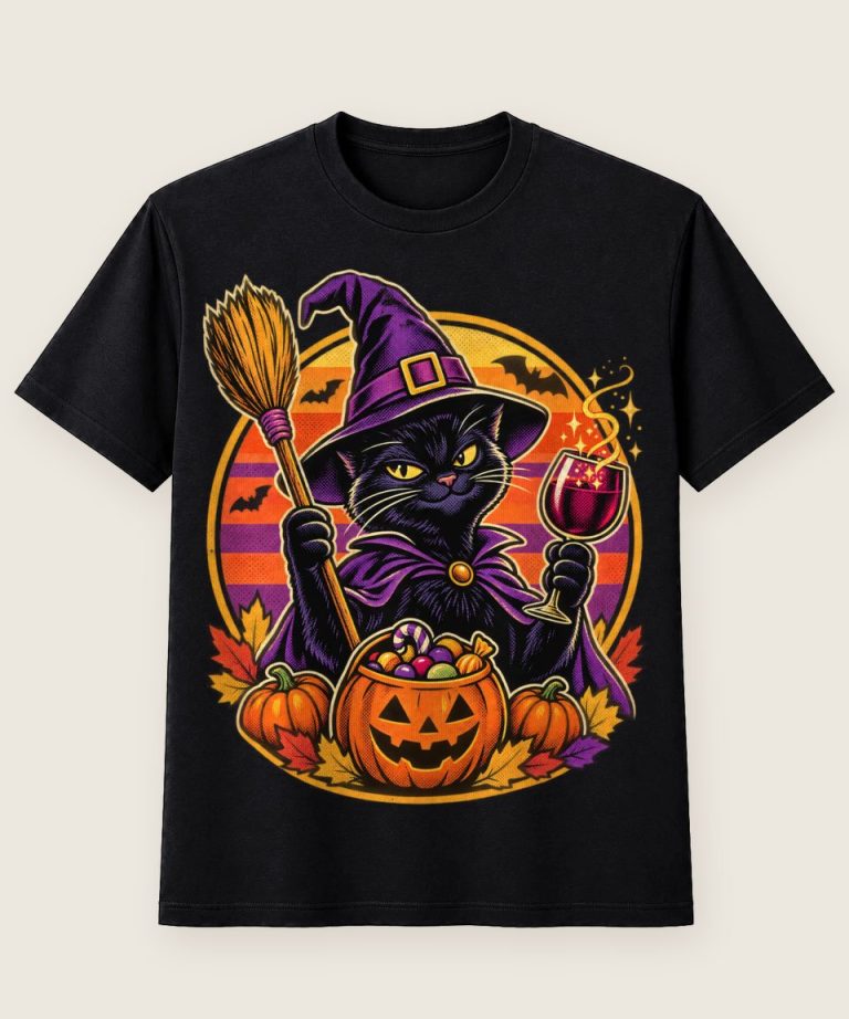 T-Shirt mit Motiv „Halloween Hexenkatze mit Weinglas“ – Halloween T-Shirts