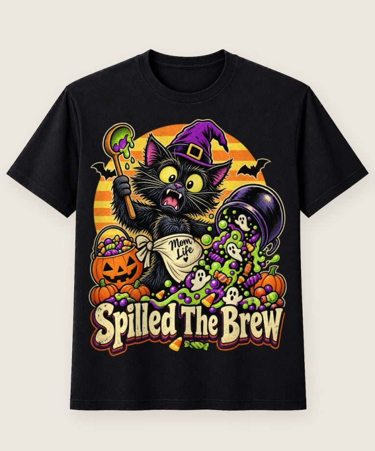 T-Shirt mit Motiv „Halloween-Hexenkatze Spilled The Brew“ – Halloween T-Shirts
