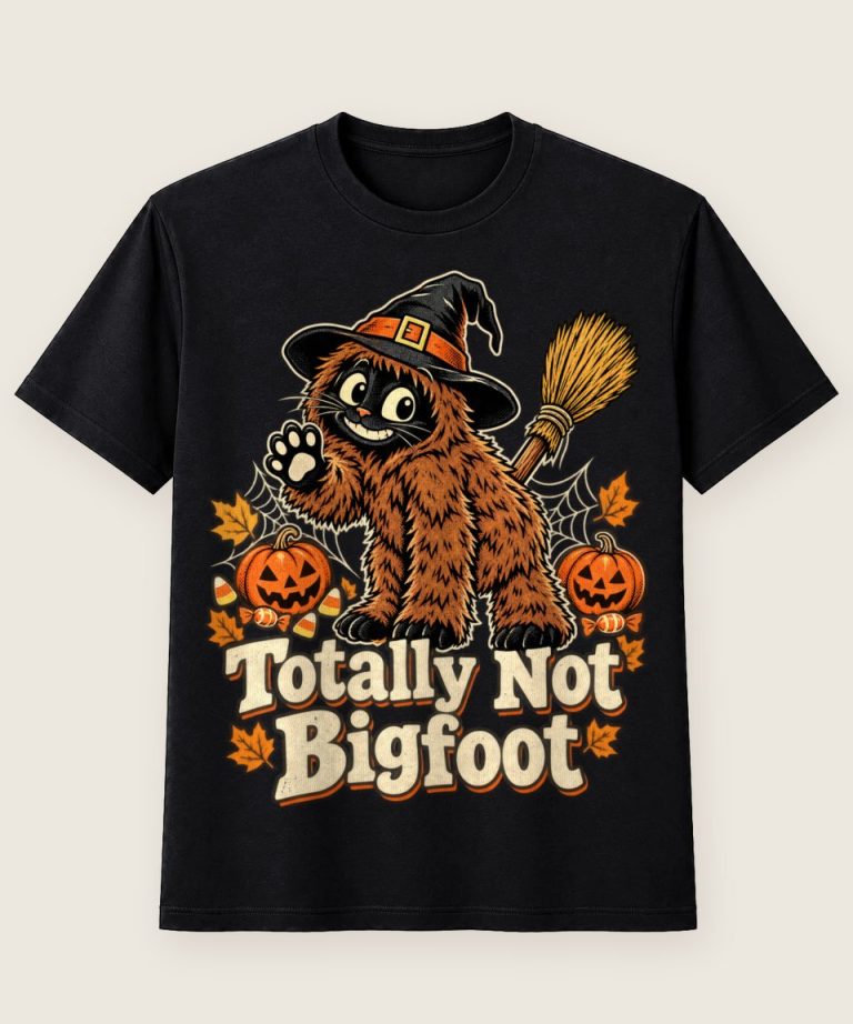 T-Shirt mit Motiv „Halloween Hexenkatze Totally Not Bigfoot“ – Halloween T-Shirts