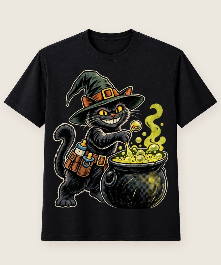 T-Shirt mit Motiv „Halloween Hexenkatze werdender Papa mit Kessel Baby-Gürtel“ – Halloween T-Shirts