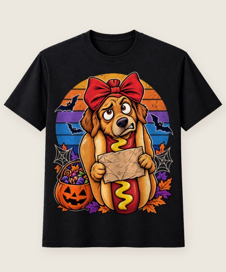 T-Shirt mit Motiv „Halloween Hund als Hotdog verhandelt mit Halter“ – Halloween T-Shirts