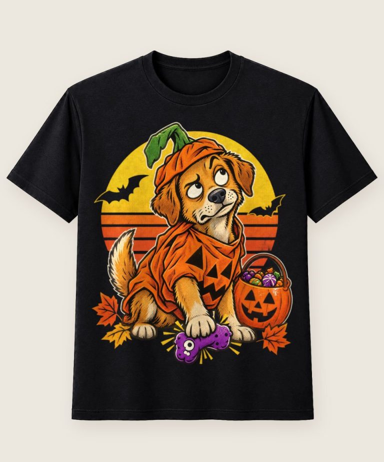T-Shirt mit Motiv „Halloween-Hund genervter Kürbis-Spielmoment“ – Halloween T-Shirts