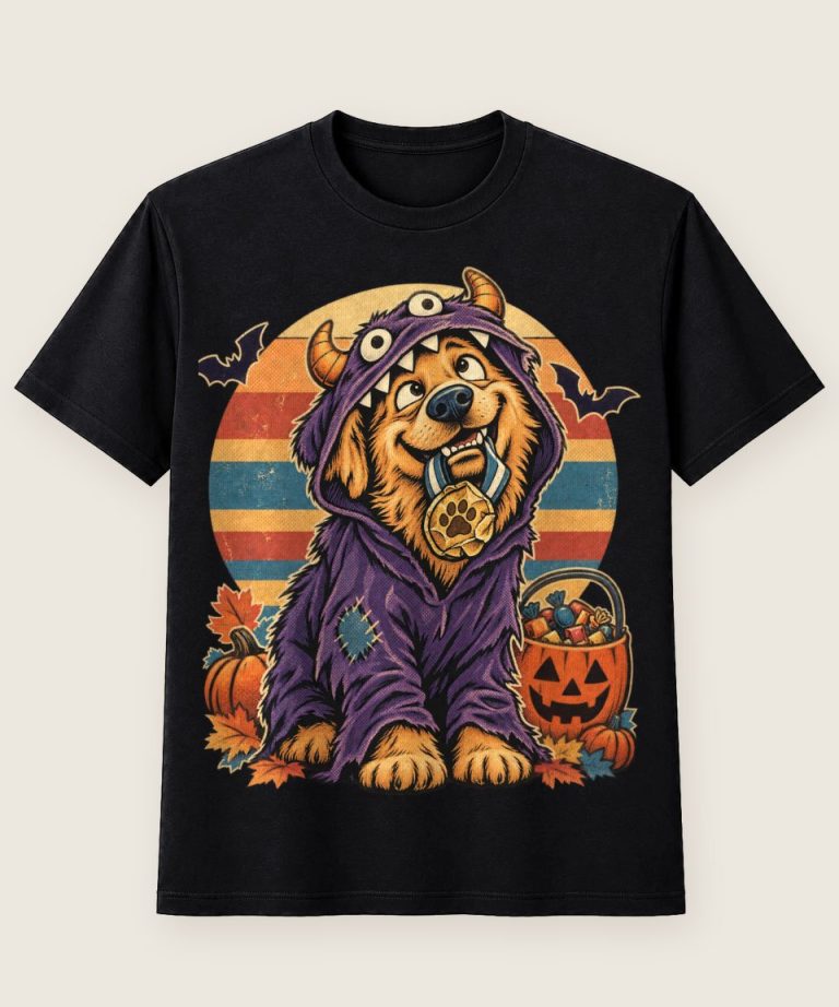 T-Shirt mit Motiv „Halloween Hund im Monsterkostüm Retro Sonne für Hundepapa“ – Halloween T-Shirts