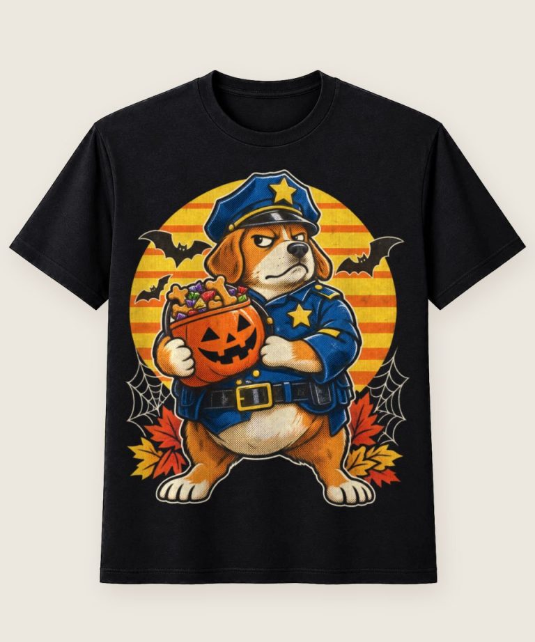 T-Shirt mit Motiv „Halloween Hund in Polizeikostüm Retro-Sonne für Hundemamas“ – Halloween T-Shirts