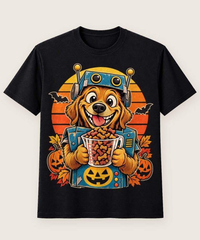 T-Shirt mit Motiv „Halloween Hund Leckerli Automat Kostüm Retro Sonne“ – Halloween T-Shirts