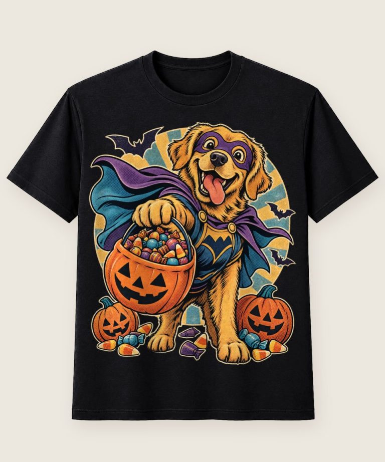 T-Shirt mit Motiv „Halloween-Hund mit Süßigkeiten-Eimer“ – Halloween T-Shirts
