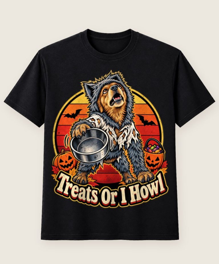 T-Shirt mit Motiv „Halloween Hund Treats Or I Howl Werwolf Snackalarm“ – Halloween T-Shirts