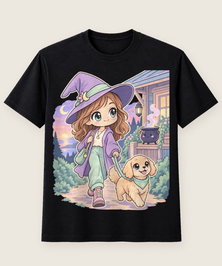 T-Shirt mit Motiv „Halloween Hundespaziergang moderne Hexe mit Kessel“ – Halloween T-Shirts
