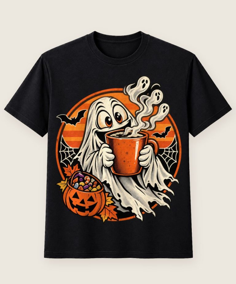T-Shirt mit Motiv „Halloween Kaffee-Geist Retro-Sonne Morgenkaffee“ – Halloween T-Shirts