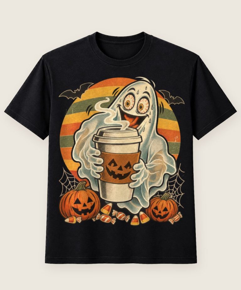 T-Shirt mit Motiv „Halloween Kaffee Geist vor Retro Sonne für Koffein Fans“ – Halloween T-Shirts