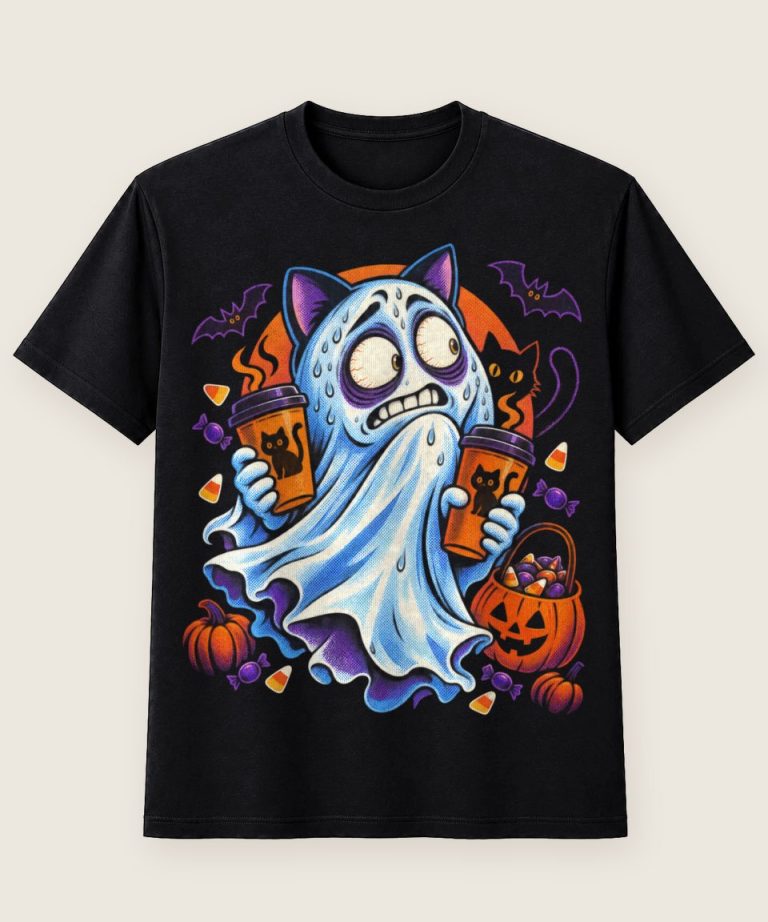 T-Shirt mit Motiv „Halloween-Kaffeegeist mit Katzenohren“ – Halloween T-Shirts