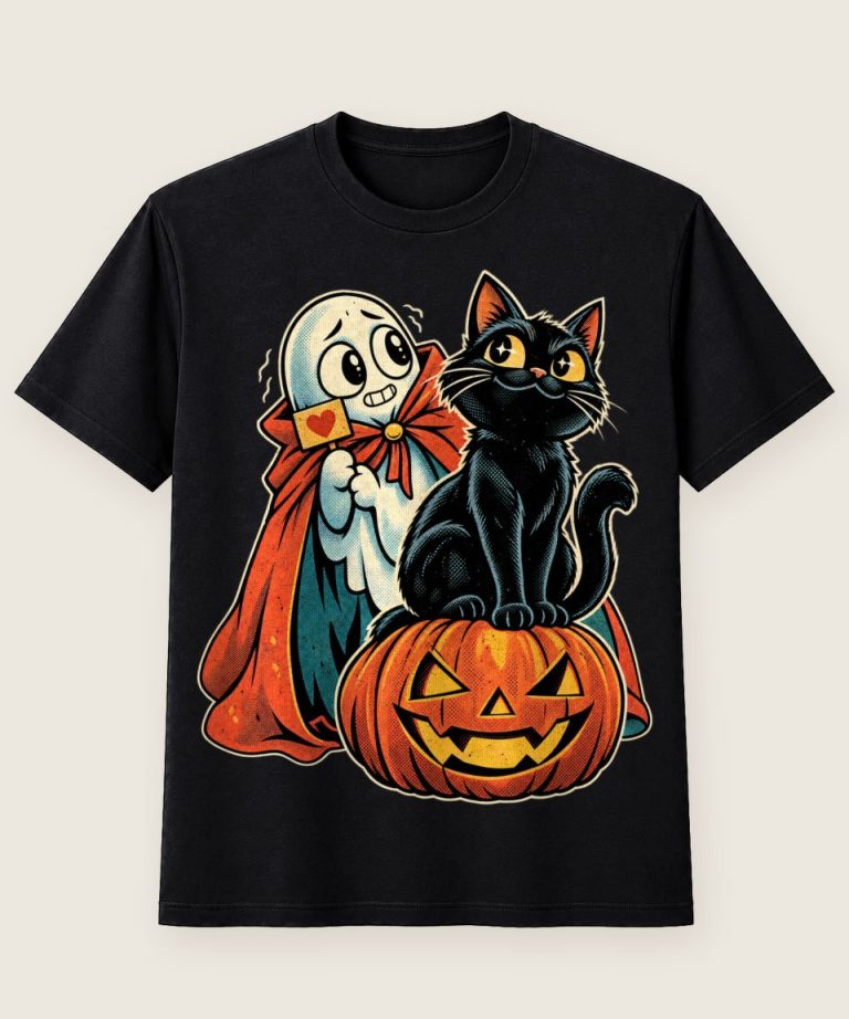 T-Shirt mit Motiv „Halloween Katze auf Kürbis mit schüchternem kleinen Geist“ – Halloween T-Shirts