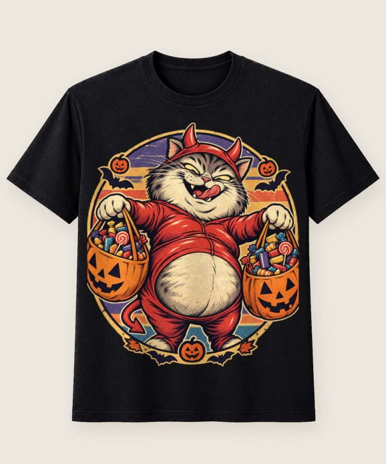 T-Shirt mit Motiv „Halloween Katze besessen von Leckerlis“ – Halloween T-Shirts