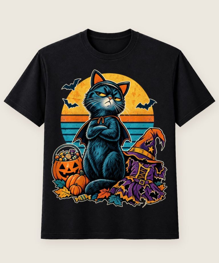 T-Shirt mit Motiv „Halloween Katze bockig Cat Mom Retro“ – Halloween T-Shirts