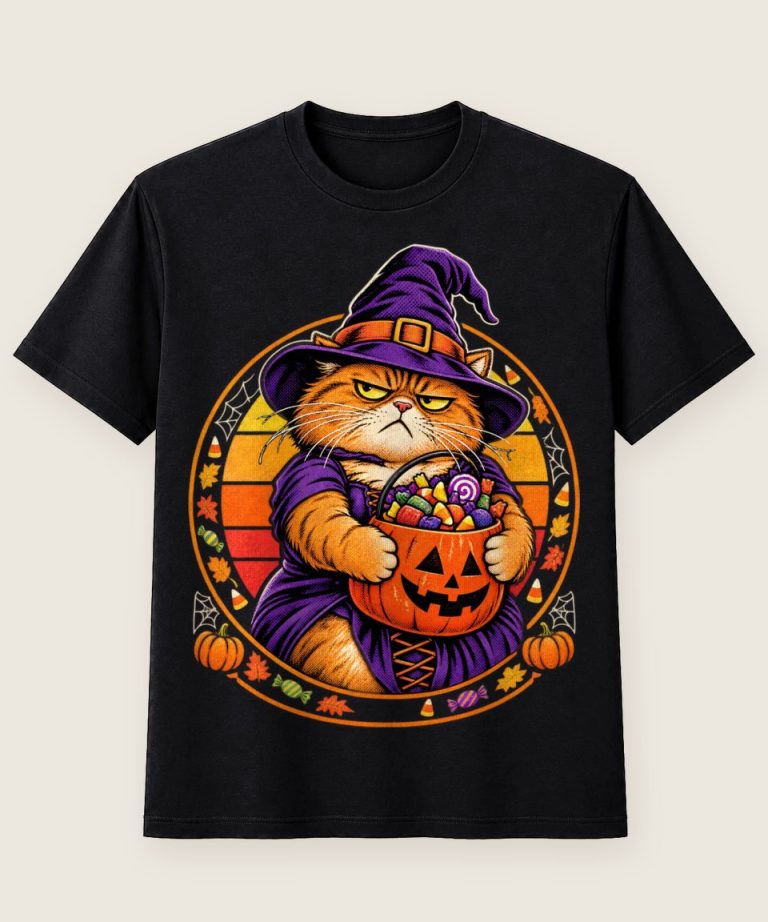 T-Shirt mit Motiv „Halloween Katze Hexenkostüm Retro Sonne Cat Mom“ – Halloween T-Shirts
