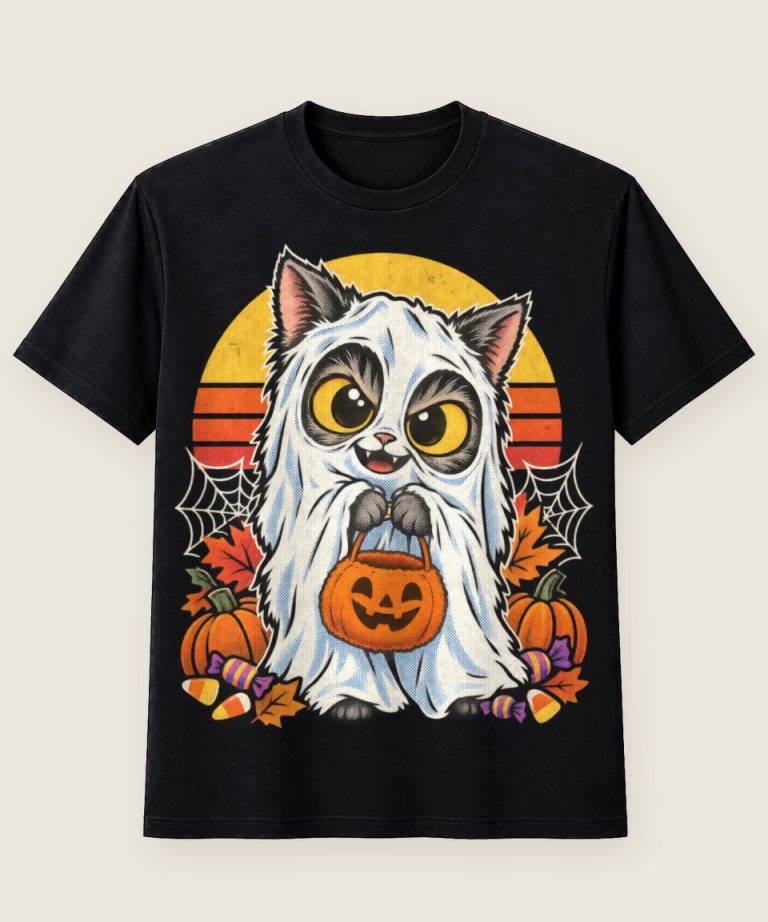 T-Shirt mit Motiv „Halloween Katze im flauschigen Geisterkostüm“ – Halloween T-Shirts