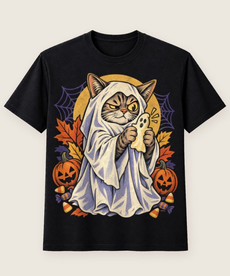 T-Shirt mit Motiv „Halloween Katze im Geisterkostüm verspielte Spuk Katze“ – Halloween T-Shirts