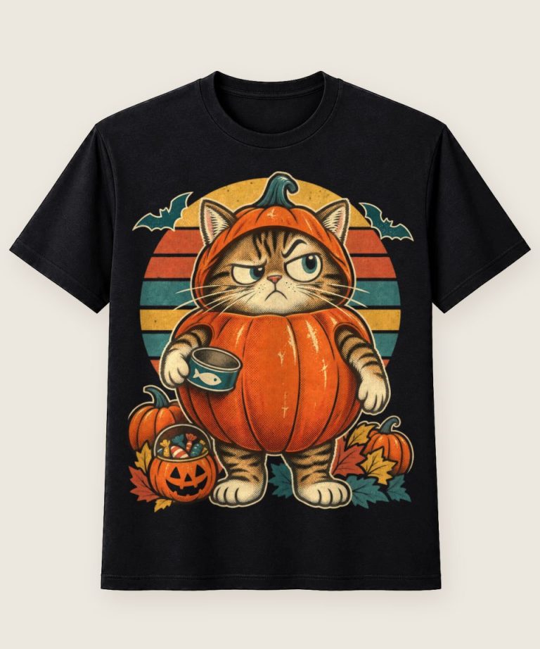 T-Shirt mit Motiv „Halloween Katze im Kürbis-Kostüm mit Retro-Sonne lustig“ – Halloween T-Shirts