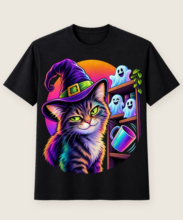 T-Shirt mit Motiv „Halloween Katze mit Hexenhut und kippendem Objekt“ – Halloween T-Shirts