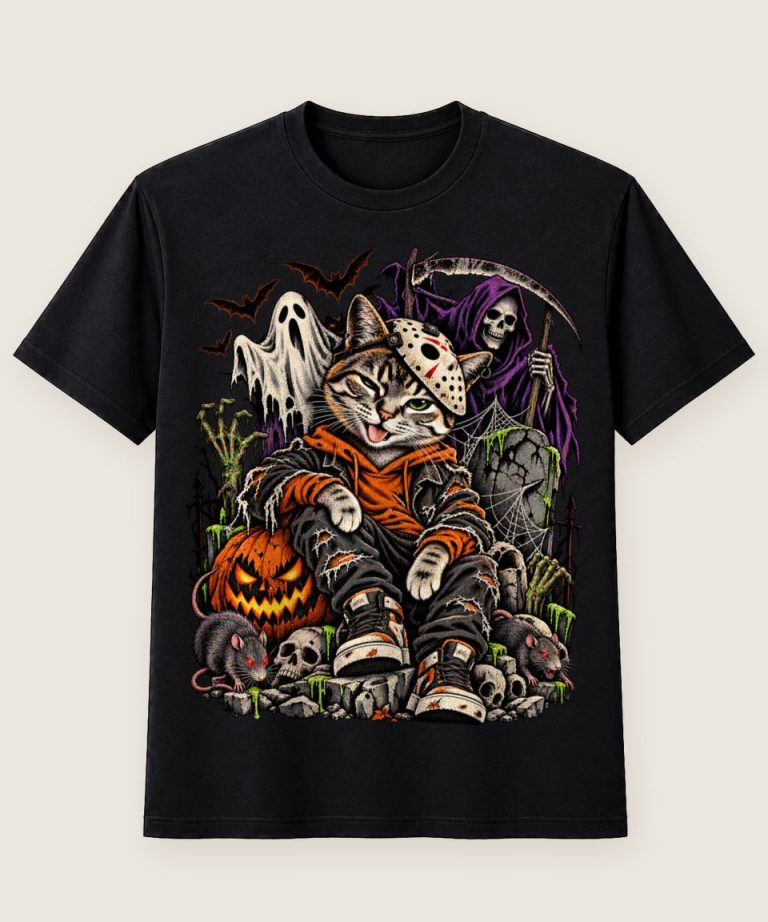 T-Shirt mit Motiv „Halloween Katze Mit Kürbis Szene“ – Halloween T-Shirts