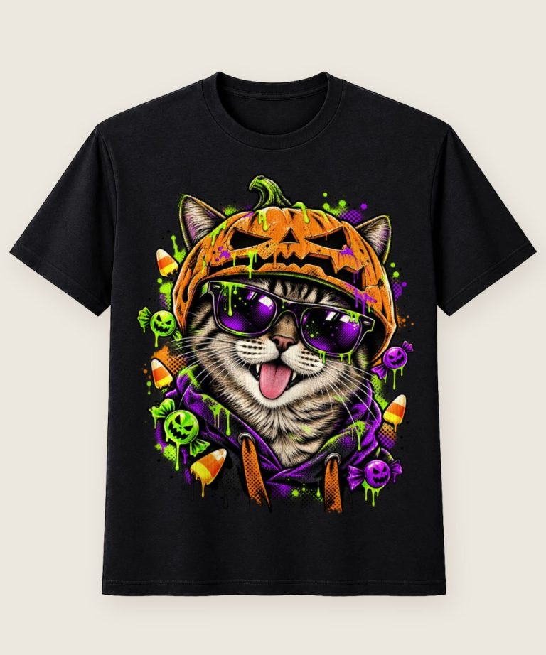 T-Shirt mit Motiv „Halloween Katze mit Kürbiskopf“ – Halloween T-Shirts
