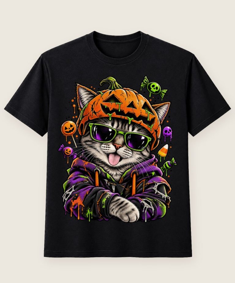 T-Shirt mit Motiv „Halloween Katze Mit Kürbismaske“ – Halloween T-Shirts