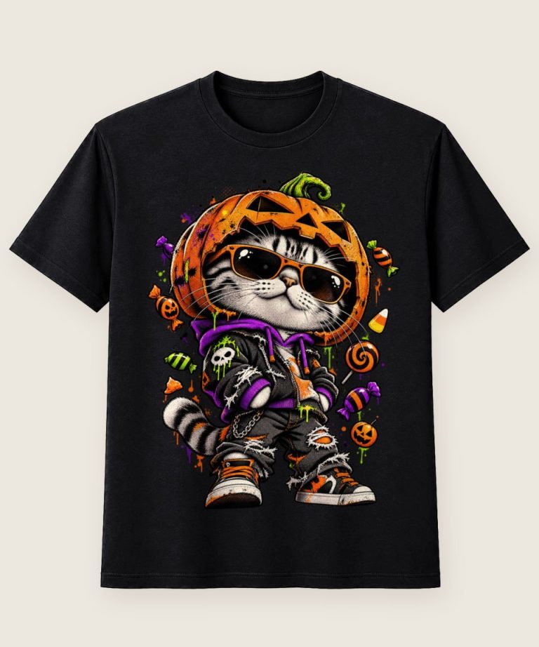 T-Shirt mit Motiv „Halloween Katze Mit Kürbismaske“ – Halloween T-Shirts