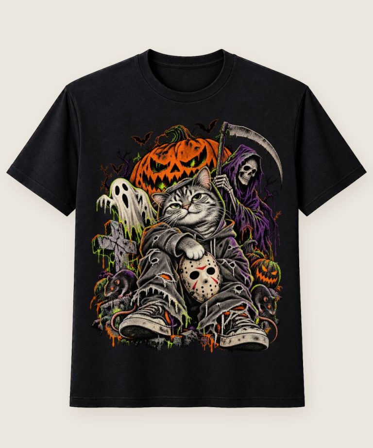 T-Shirt mit Motiv „Halloween-Katze mit Maske Illustration“ – Halloween T-Shirts
