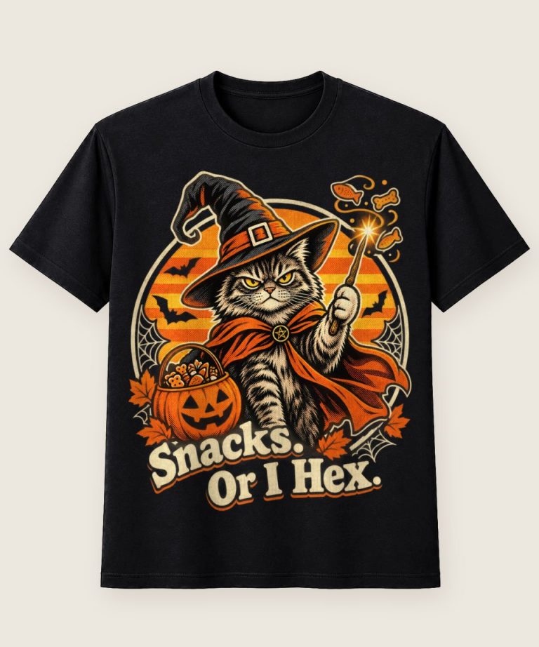 T-Shirt mit Motiv „Halloween-Katze Snacks Or I Hex“ – Halloween T-Shirts