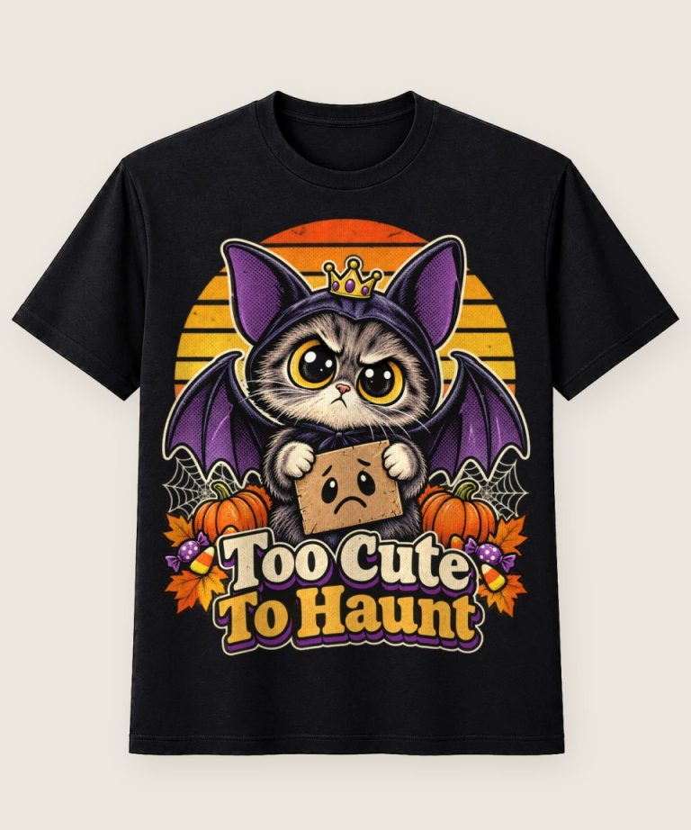 T-Shirt mit Motiv „Halloween Katze Too Cute To Haunt Retro Fledermauslook“ – Halloween T-Shirts