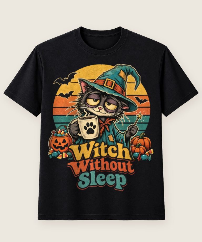 T-Shirt mit Motiv „Halloween Katze Witch Without Sleep Retro Kaffee Mama“ – Halloween T-Shirts