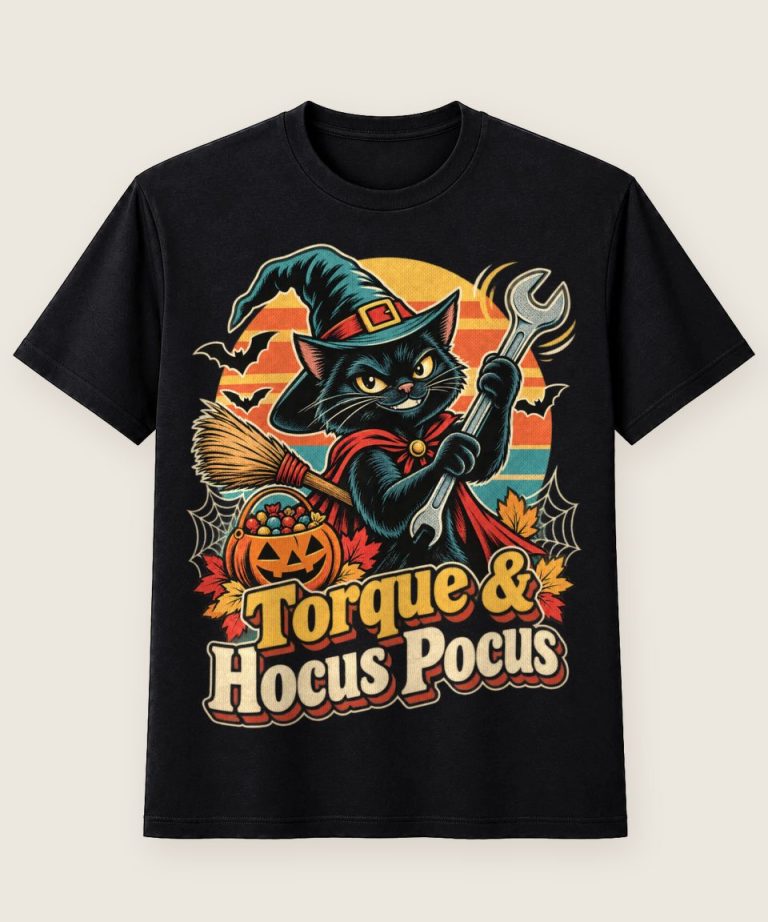 T-Shirt mit Motiv „Halloween Katzen-Hexe mit Schraubenschlüssel“ – Halloween T-Shirts