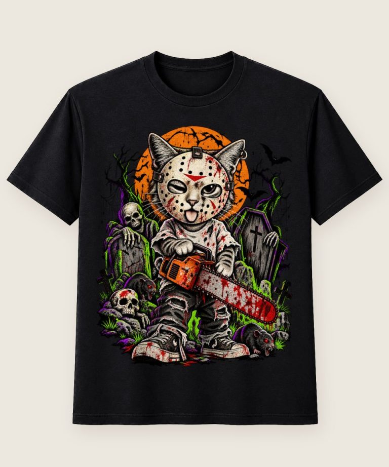 T-Shirt mit Motiv „Halloween Kettensäge-Katze“ – Halloween T-Shirts