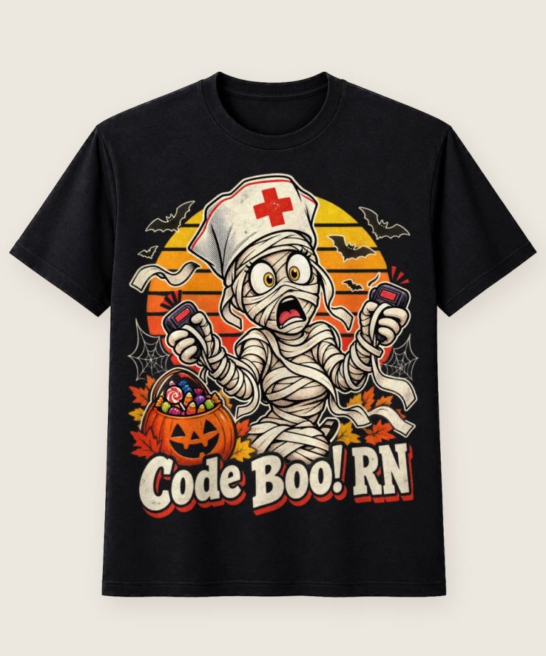 T-Shirt mit Motiv „Halloween Krankenschwester Mumie Code Boo RN Retro Sonne“ – Halloween T-Shirts